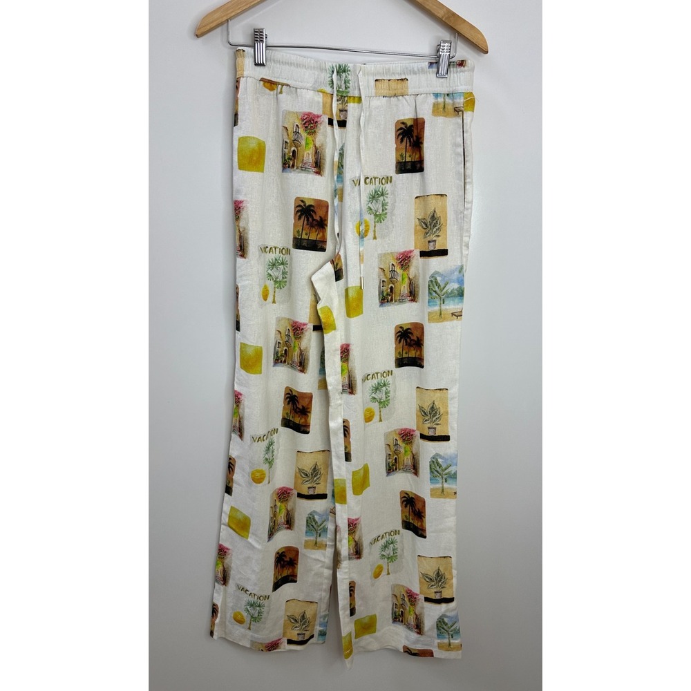 C&C California Small Linen Blend Vacation Print Wide Leg Pants Ivory Multi - Picture 2 of 13